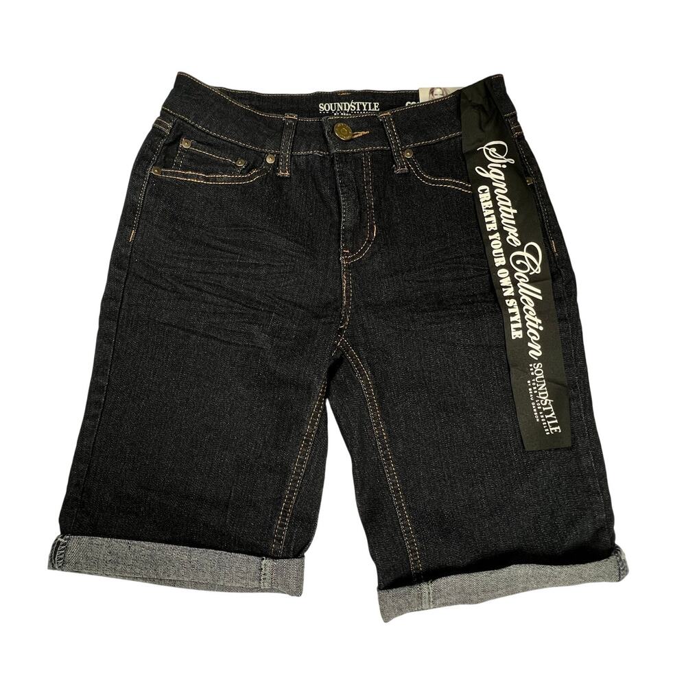 Soundstyle Womens Bermuda Jean Shorts Sz 6 Dark Wash Stretch Denim Rolled Cuff